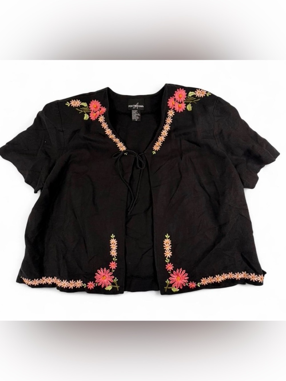 90’s Positive Attitude Black Floral Embroidered Tie-Front Jacket